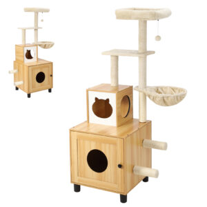 Beraxy キャットタワー 156cm 据え置き 木製 爪とぎ 猫タワー トイレ カバー 隠れ キャットハウス 猫用品 多頭飼い 猫砂飛散防止 トイレ収納